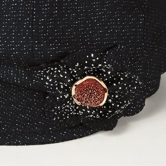 Women\'s Black Cotton Cabbie Cap Beret Hats with Flower Buckle main image 4